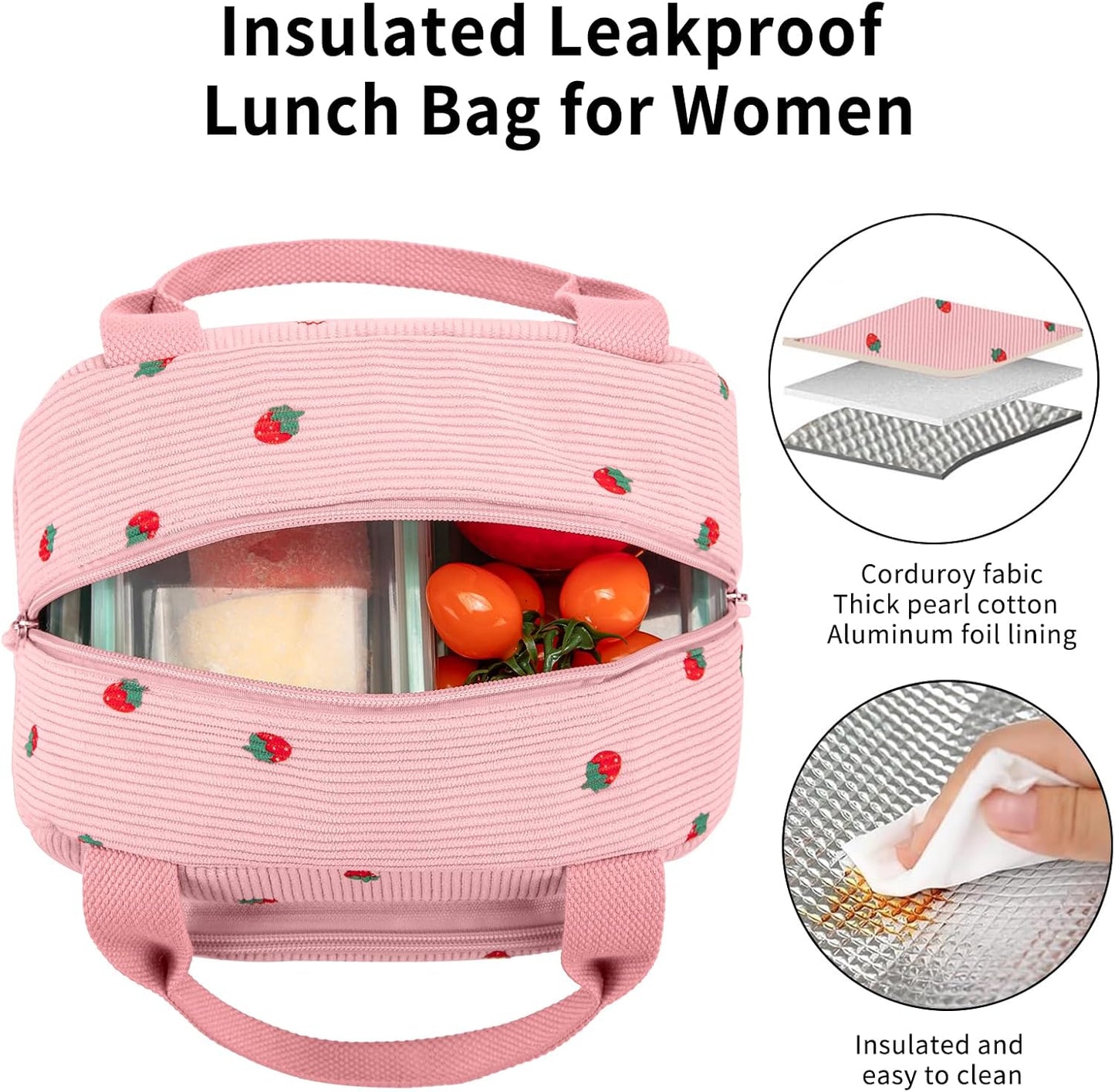 Lunch Bag Women Lunch Box for Women Adult Cute Insulated Lunch Bag Small Cooler Lunch Tote Bags for Work Picnic Travel (Pink-Strawberry)