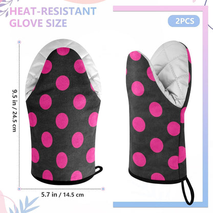 Oven Mitt 2 Pack Set Pink Polka Dot on Black Kitchen Mitts Gloves for for Cooking Baking Grilling
