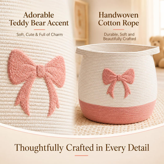 Baby Laundry Basket, Toy Storage Basket for Kids, Large Nursery Storage Basket with Pink Bow Design, Cotton Rope Organizer Bin with Handles for Toys, Blankets, Clothes and Baby Essentials