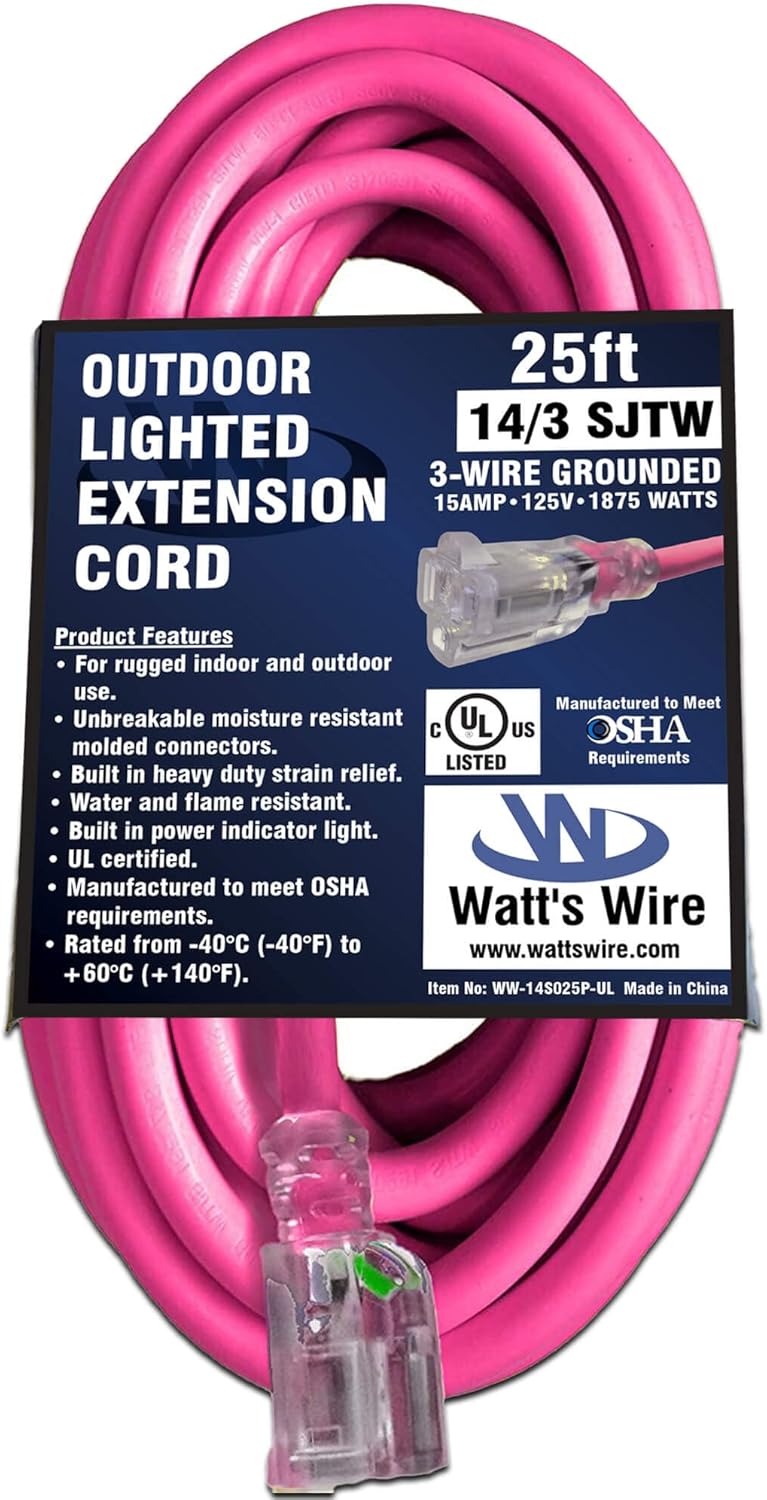25 ft Outdoor Extension Cord Waterproof - 14 Gauge Heavy Duty Extension Cord 25 ft - Lighted Outdoor Extension Cords - Watts Wire - 25' Grounded - extensiones electricas