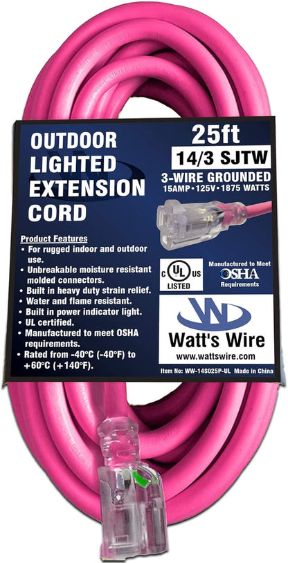 25 ft Outdoor Extension Cord Waterproof - 14 Gauge Heavy Duty Extension Cord 25 ft - Lighted Outdoor Extension Cords - Watts Wire - 25' Grounded - extensiones electricas