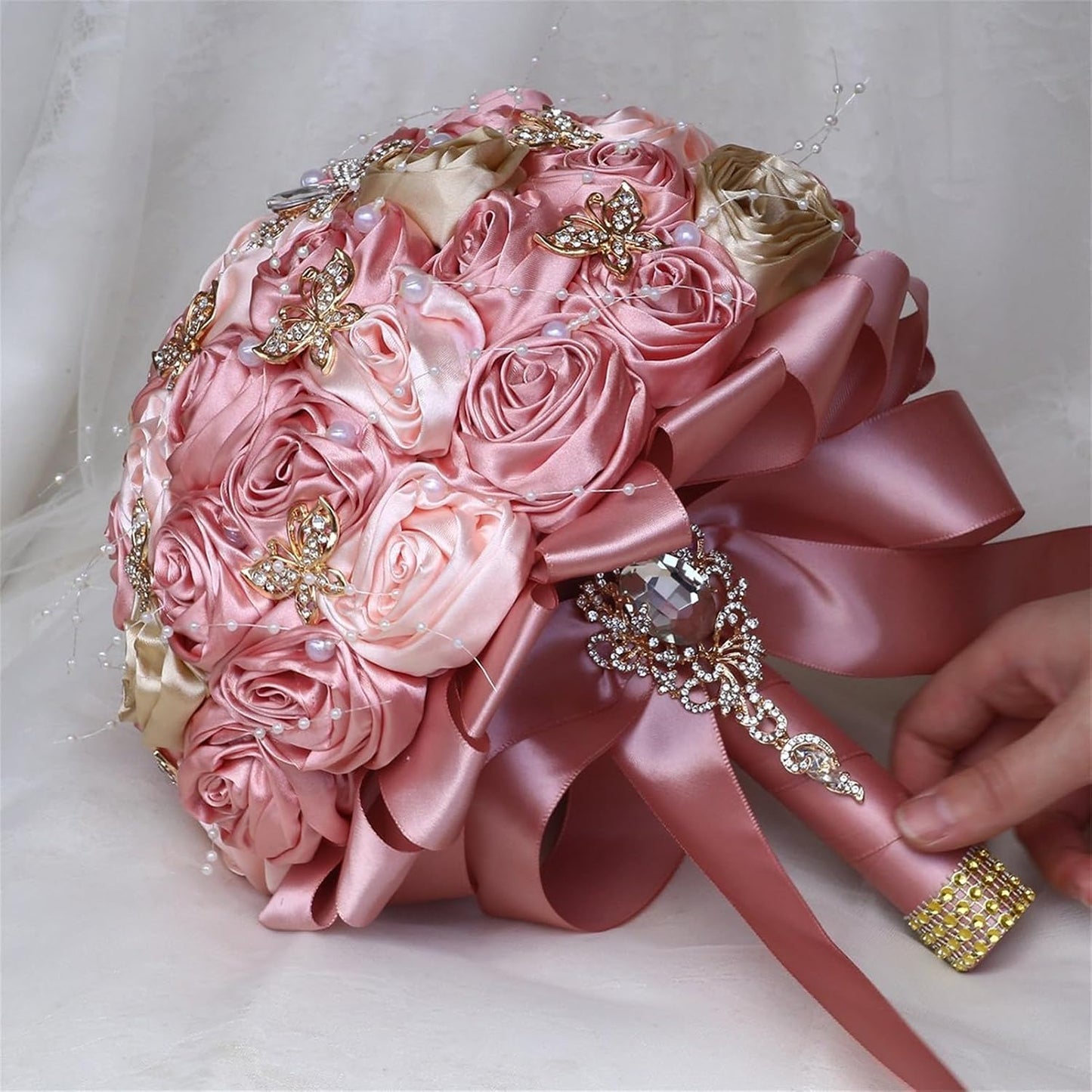 Handmade Rhinestone Bridal Bouquet for Wedding Round Tossing Bouquet Artificial Flower Bunch for Bride Bridesmaid (Champagne+Peach Pink, Small (Dia. 7.5"/18cm))