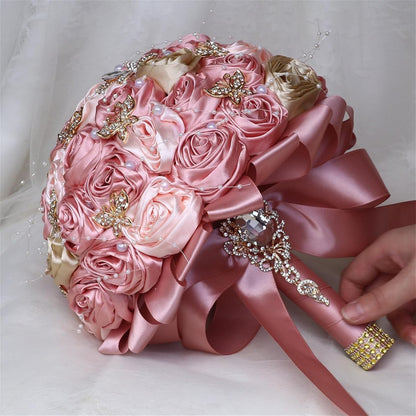 Handmade Rhinestone Bridal Bouquet for Wedding Round Tossing Bouquet Artificial Flower Bunch for Bride Bridesmaid (Champagne+Peach Pink, Small (Dia. 7.5"/18cm))