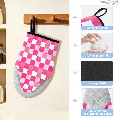 Oven Mitt 2 Pack Set Bright Pink Checkered Plaid Kitchen Mitts Gloves for for Cooking Baking Grilling