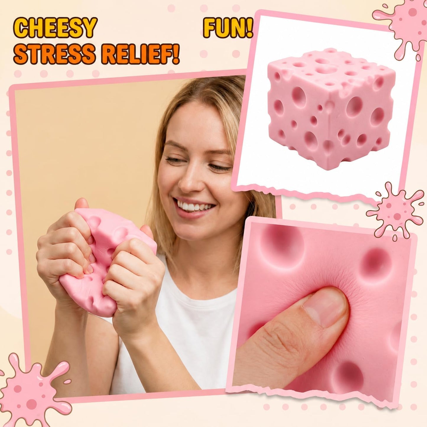 Cheese Squishy Toy, Slow Rising Realistic Cheese Block Fidget Toy, Squeeze Cheese Cube Stress Ball for Anxiety Relief, Soft Sensory Toy Gift for Home, Office, School (Pink/2.75inch)