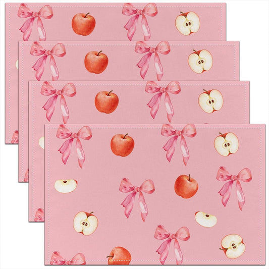 Pink Bow Placemats Set of 4 Cute Coquette Bow Knot Table Mats for Party Kitchen Dining Decoration Apple Themed Place Mat for Table Holiday Decor Indoor Outdoor 18"x12" Non-Slip Easy to Clean Washable