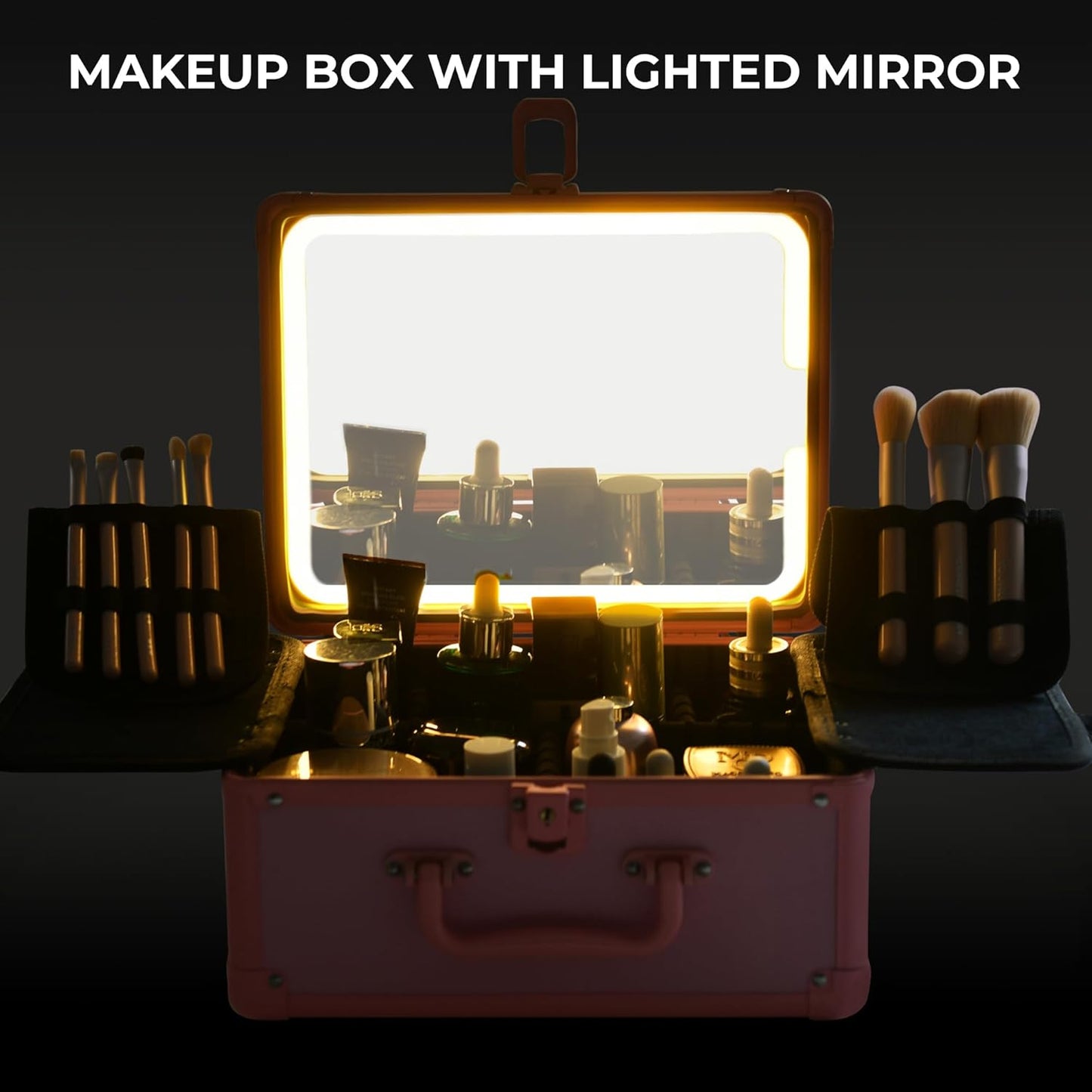 Makeup Case with Lighted Mirror, Makeup Box Organizer with Detachable LED Mirror, Travel Makeup Train Case, Waterproof Cosmetic Organizer, Standing Brush Holder, Gift, Pink