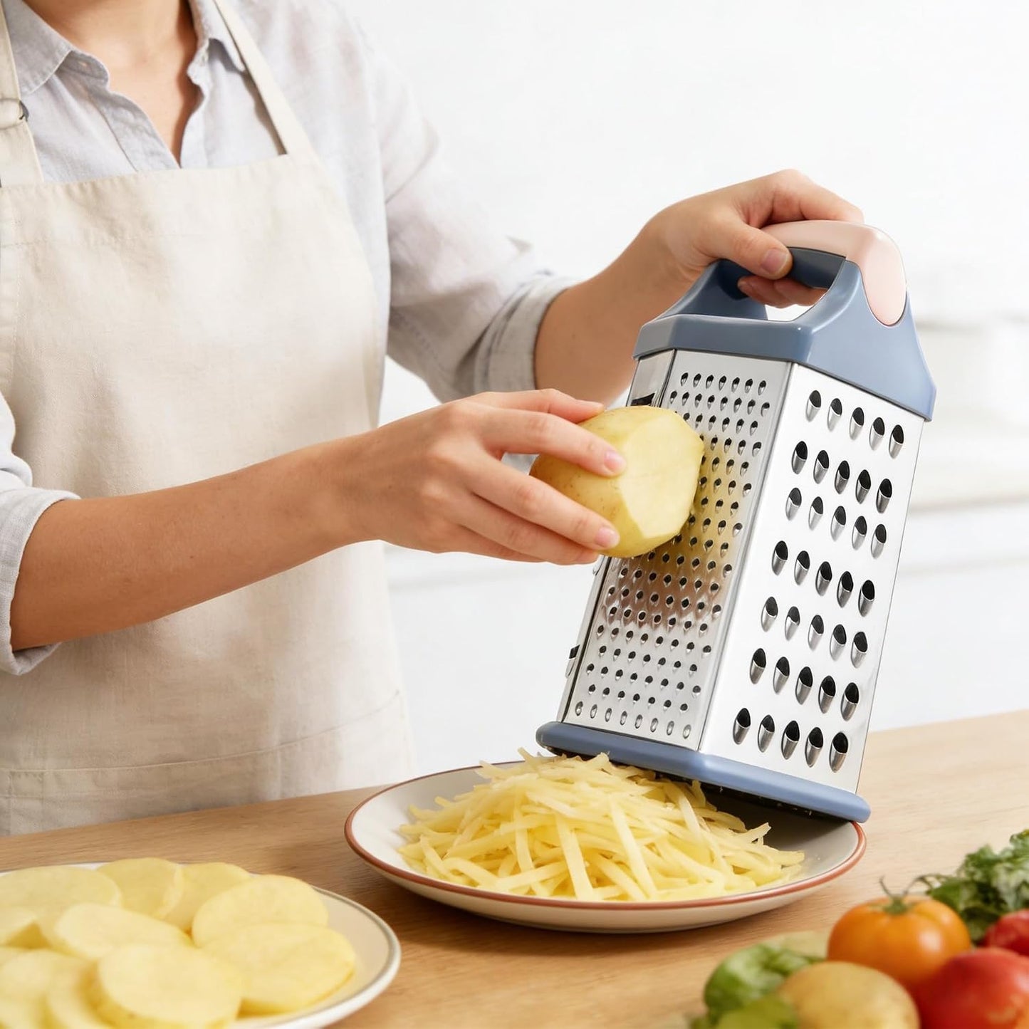 Box grater for kitchen 6 Sided - Cheese Graters Handheld, Stainless Steel Shredder for Food Vegetable Carrot Potato Tomato (Pink)