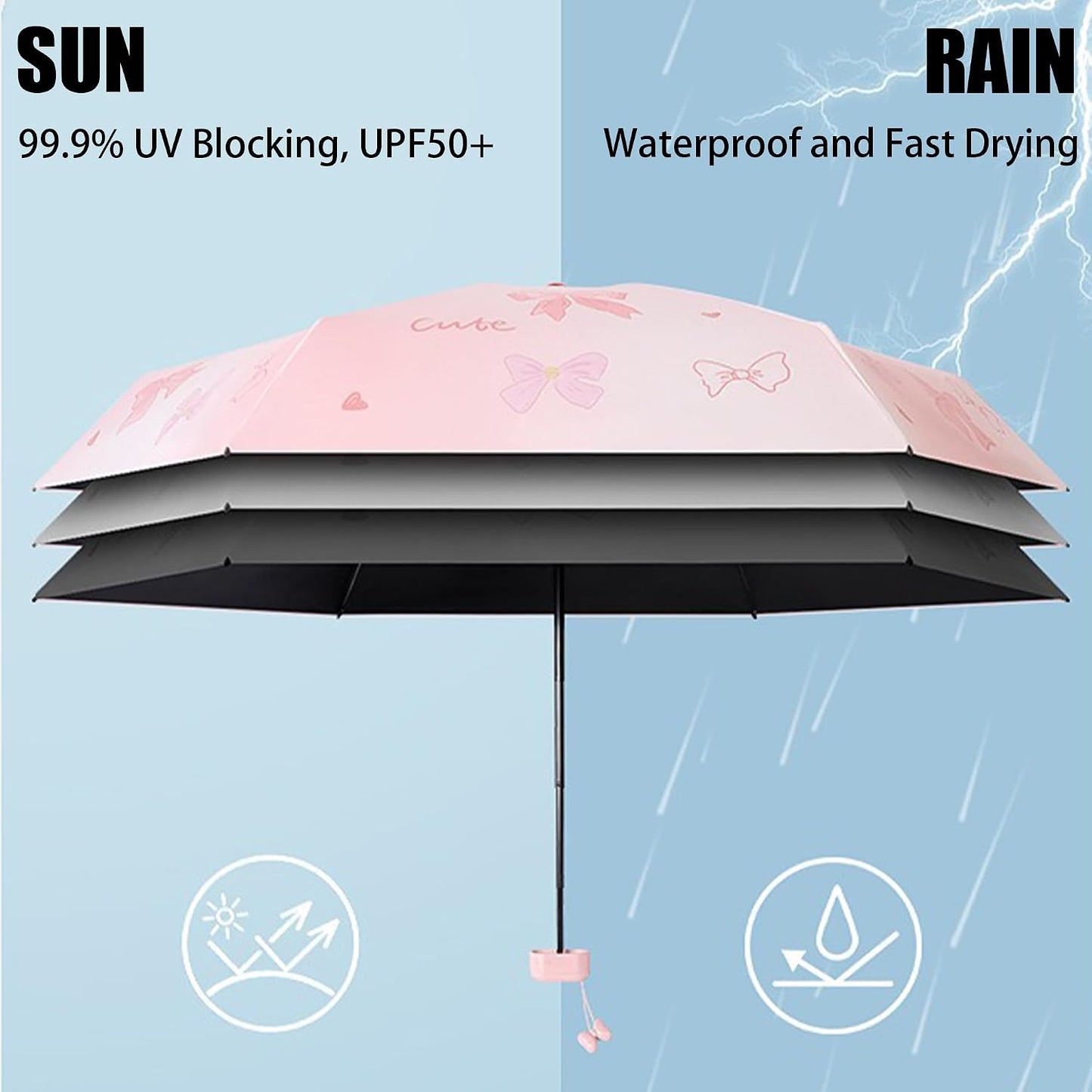 Mini Travel Folding Umbrella - Small Compact Sun Retractable Umbrella with Case, Lightweight Portable UPF 50+ Rain UV Protection Windproof Parasol for Pocket Backpack Women Girls Lady