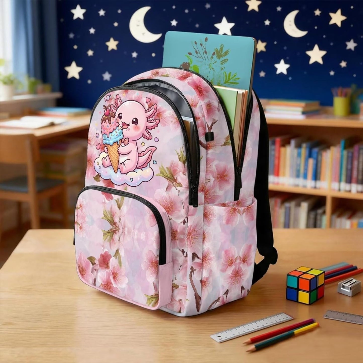 Axolotl Printed Kids Backpacks for Girls Cute Pink Cherry Blossom Printed Schoolbag Bookbag with Sturdy Top Handle Preschool Backpack for Teens Girls