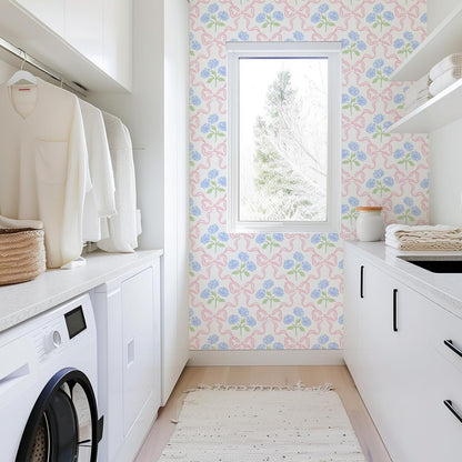 Peel & Stick Wallpaper 17.7''x118.1'' - Simple Grid Bow- Floral Delicate Pastel Flowers Feminine Hydrangea Blue Pink White Home Decor Removable Wallpaper