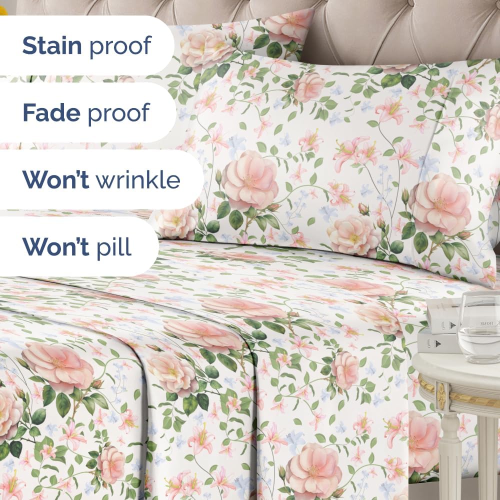 CGK Unlimited Floral Sheets - Pink Floral Rose Bed Sheet Set - 1 Flat, 1 Fitted & 2 Pillowcases w/Deep Pockets - Wrinkle & Fade Free - Boho Botanical Bedding - Ultra-Soft, Breathable and Cooling