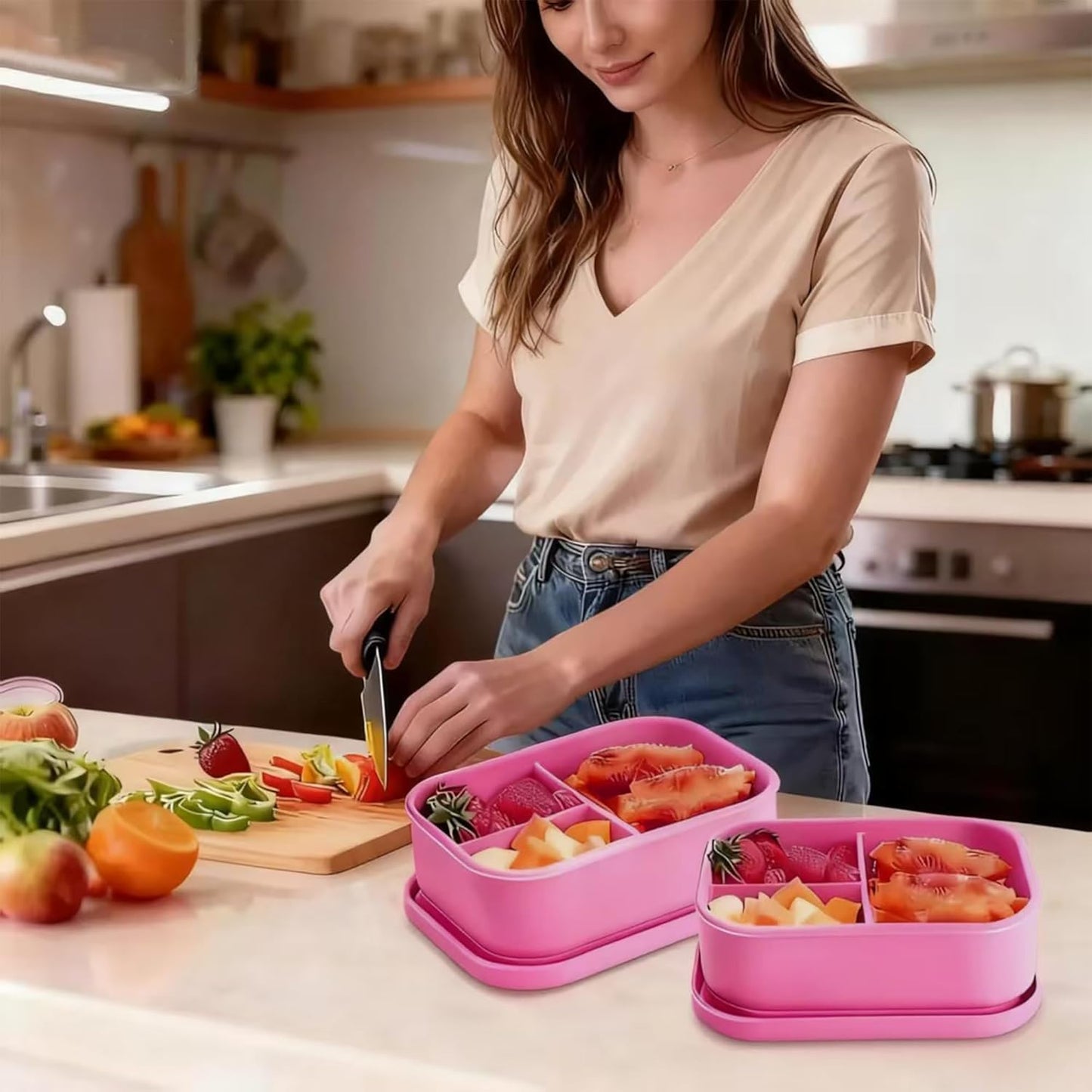 Silicone Adult Bento Box, 3 Compartment Leakproof Silicone Lunch Container, Lunch Box for Men and Women, BPA-Free, Microwave/Dishwasher/Freezer Safe, Reusable Snack Containers (3PCS-Pink)