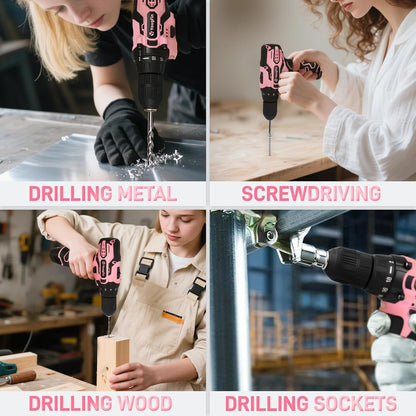 12V Pink Cordless Drill Set 195PCS Hand Tool Combo Kit Small Compact Electric Screwdriver Set Portable Power for Home DIY&Repair Driver Machine with Battery & Charger Gift Box for Women