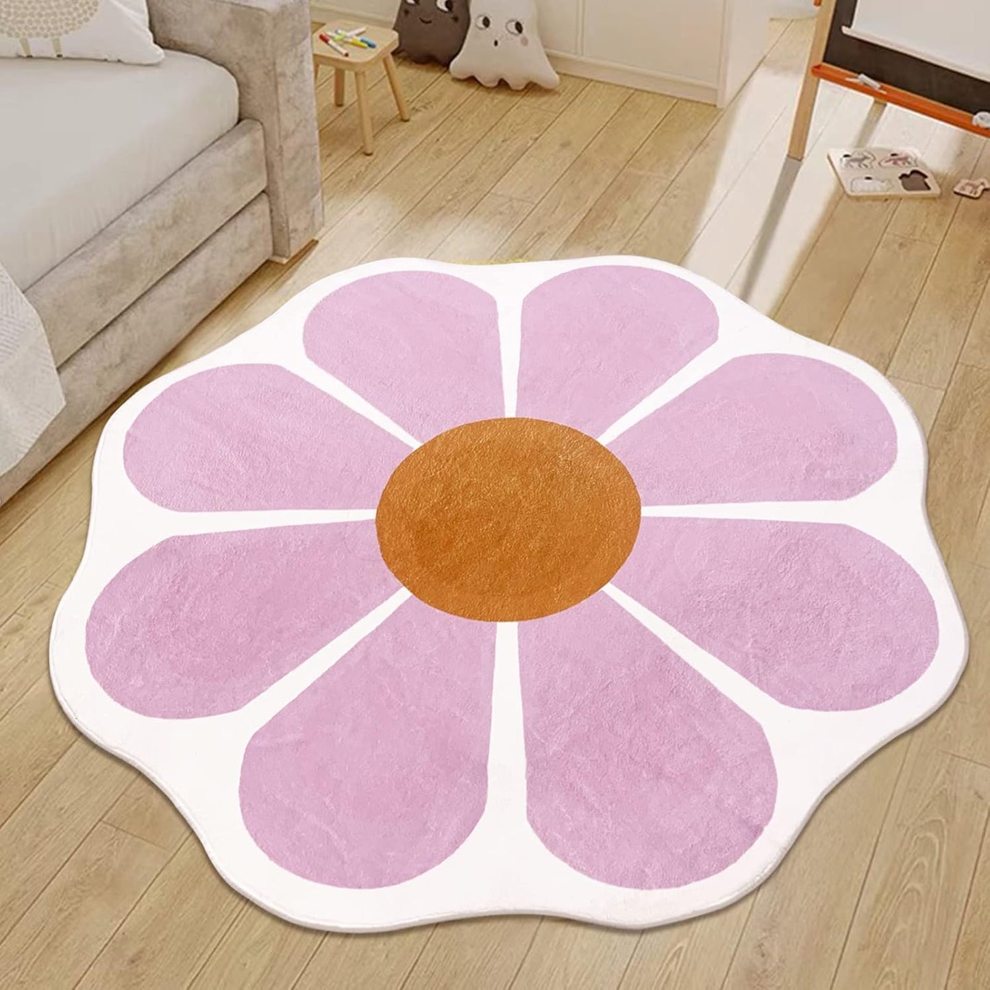 USTIDE Pink Flower Shaped Rug 47x47 Inch, Cute Round Area Rug for Bedroom Living Room Fluffy Circular Carpet Washable Floor Mat for Kids Room Nursery Room Playroom