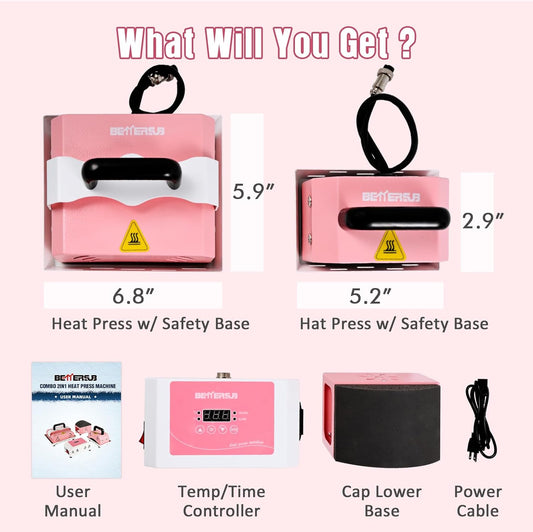 BetterSub 2in1 Combo Mini Portable Hat Press Heat Press Machine (Pink)