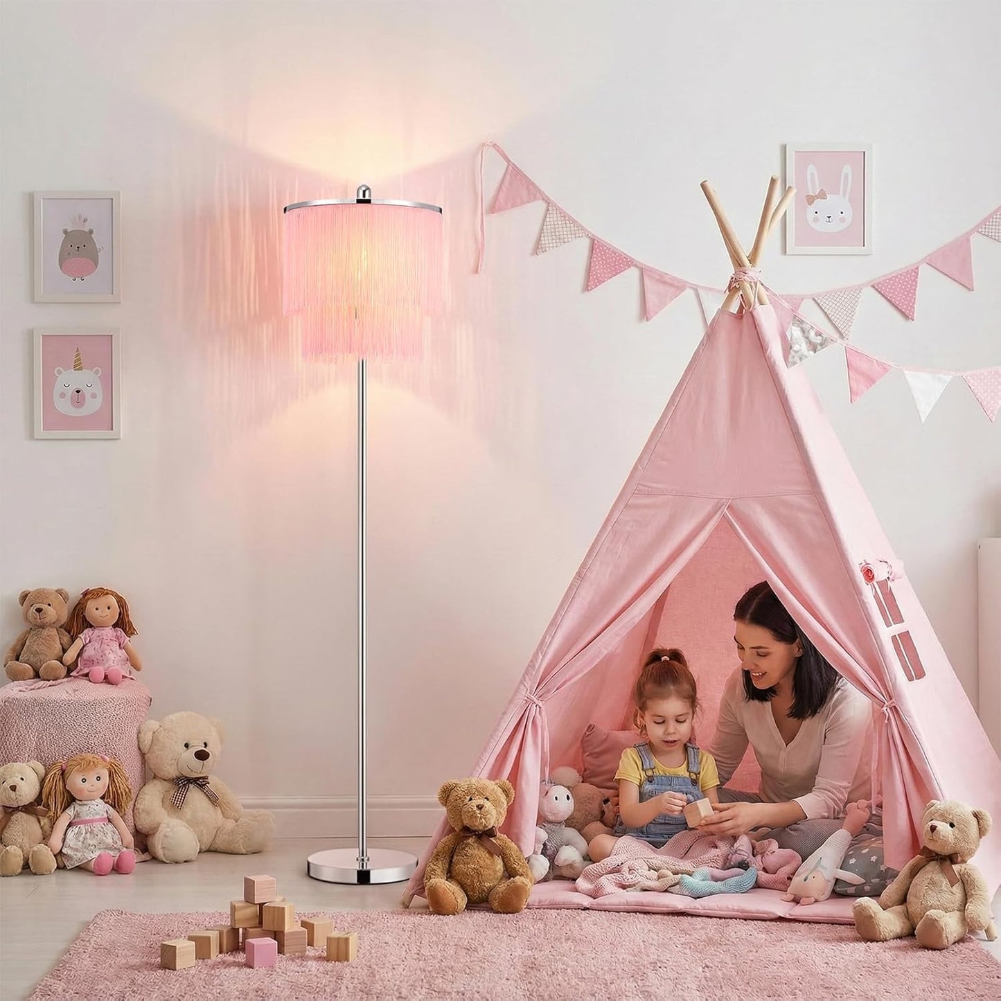 Lovlast Modern Floor Lamp with Pink Tassel Lampshade for Girls Room, 63" Tall Fringe Standing Bedroom Lamp with Soft Lighting, Boho Stand Up Corner Pink Lamp for Living Room（Bulb Included）