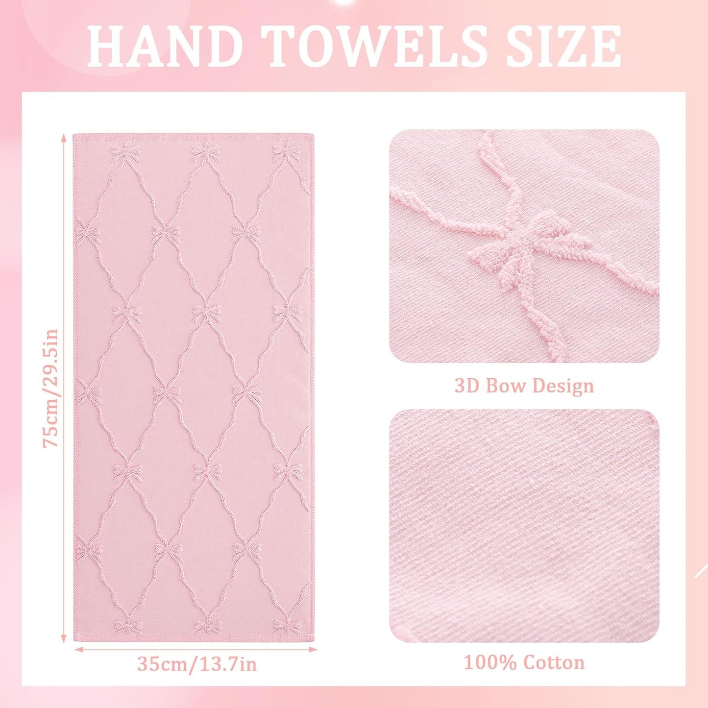 Hahafelt 3 Pack Pink Bow Hand Towels Coquette Bow Bathroom Decor Dish Towels 100% Cotton Soft Absorbent Decorative Jacquard Weave Gifts for Kitchen Bathroom Decor, 29.5 x 13.7 Inch