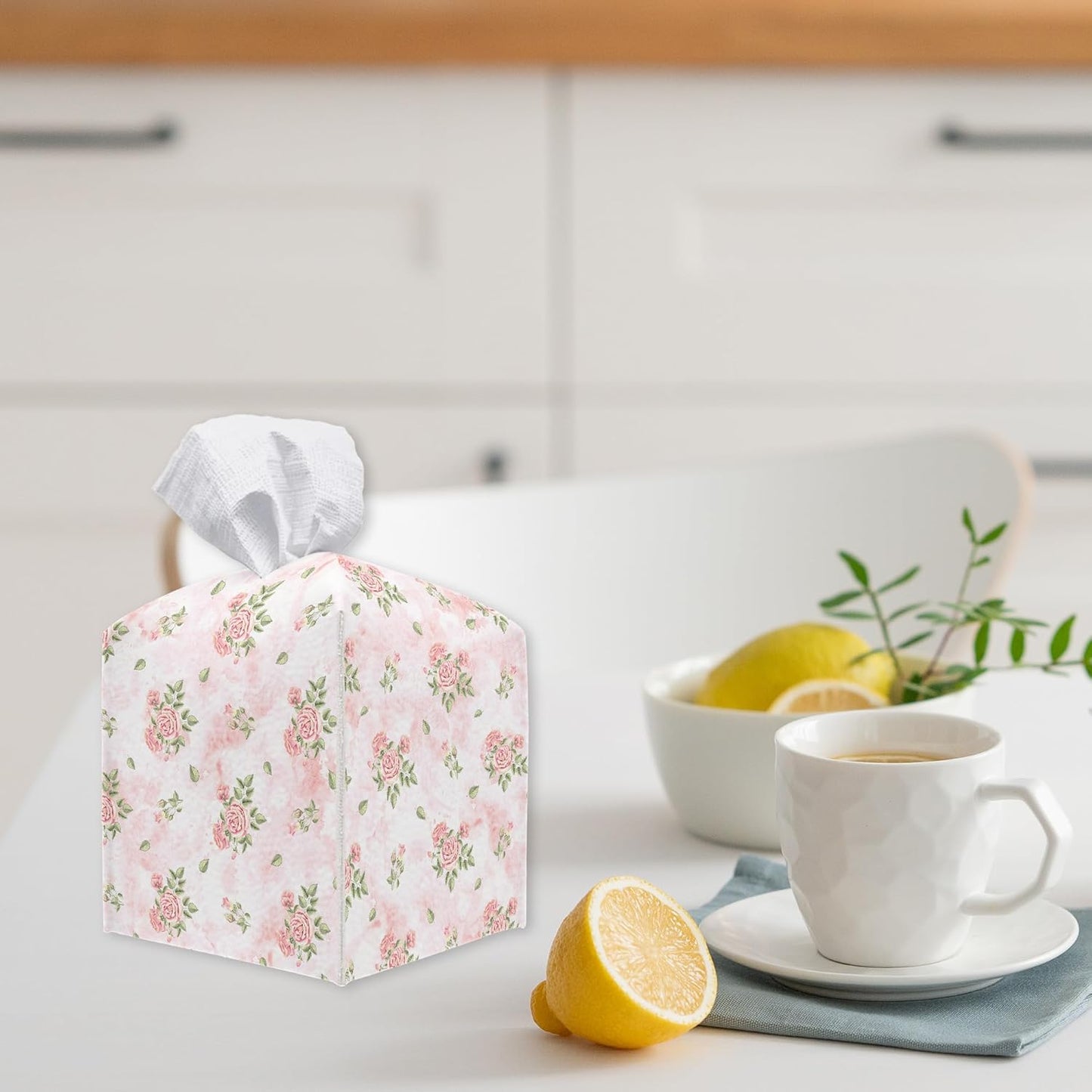 Pink Roses Tissue Box Cover Square - Decorative Waterproof Leather Tissue Box Holder for Home, Office, Bathroom - Paper Organizer Dispenser for Tabletop Countertop Night Stands Desk - A10
