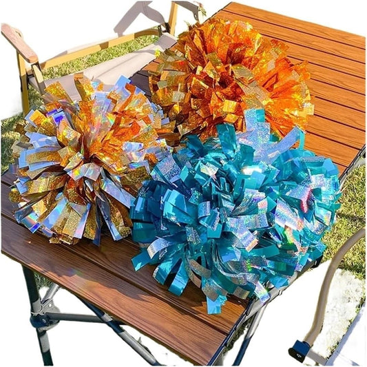 Shining Cheer Pom Poms 3pcs Colorful Laser Cheerleading Pom Poms with Baton Handle for Team Spirit Sports Dance Cheering