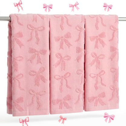Gilprop 3 Pcs Pink Hand Towels for Bathroom Coquette Bow Towels Pink Bath Decor Cotton Absorbent Decorative Jacquard Kitchen Towel Preppy Bathroom Decor Bridal Shower Wedding Gift