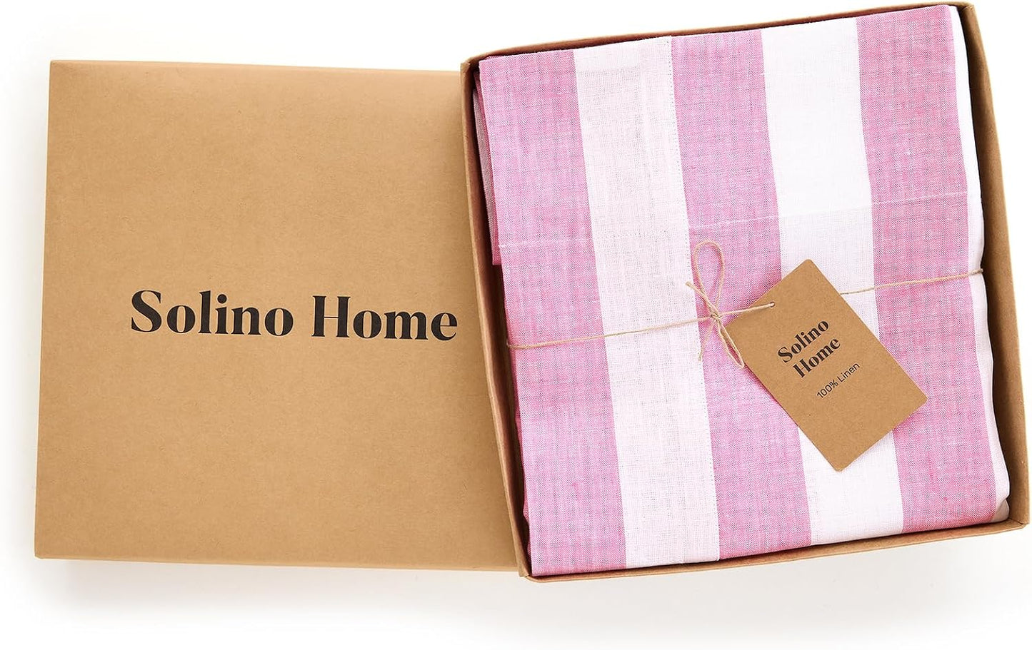 Solino Home Linen Striped Tablecloth 60 x 144 Inch - 100% Pure Linen Pink and White Table Cloth for Rectangle Tables - Cabana Stripe, Machine Washable Tablecloth for Summer
