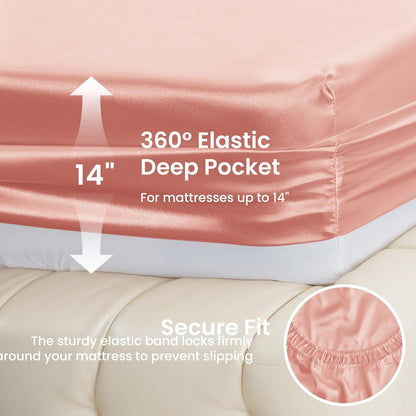 Love's cabin Full Size Satin Sheet Sets - 4 Piece Coral Silky Satin Sheet Set Full with Deep Pocket, Luxury Silk Feel Satin Bed Sheets Full Bedding Set (1 Flat Sheet,1 Fitted Sheet,2 Pillow Cases)