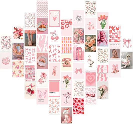 Uniro Coquette Room Decor Aesthetic, 50Pcs Pink Coquette Wall Decor, Coquette Posters Aesthetic Room Decor, Pink Room Decor 4"x6" Coquette Wall Collage Kit for Teen Girls Dorm Bedroom Decor, Cute Coquette Posters Picture Trendy Pink Wall Art Prints