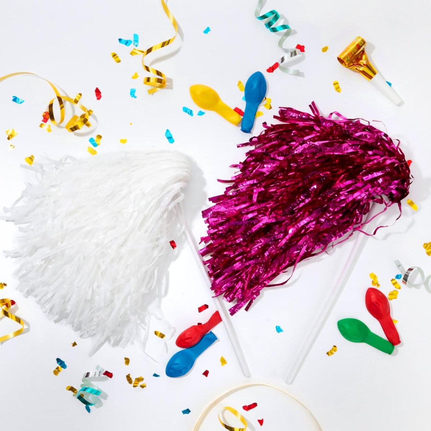 Vinsot 20 Pcs Pink White Cheerleading Pom Poms Bulk Metallic Foil Pom Poms with Plastic Long Handles School Spirit Shakers for Spirit Sports Team Squad Dance Football Basketball Club Celebration