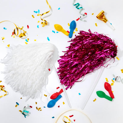 Vinsot 20 Pcs Pink White Cheerleading Pom Poms Bulk Metallic Foil Pom Poms with Plastic Long Handles School Spirit Shakers for Spirit Sports Team Squad Dance Football Basketball Club Celebration
