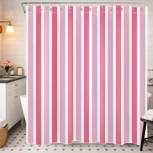 Pink and White Shower Curtain Modern Vertical Stripe Abstract Geometric Design Polyester Fabric Bathroom Decor Curtains, 72W X 78L inches
