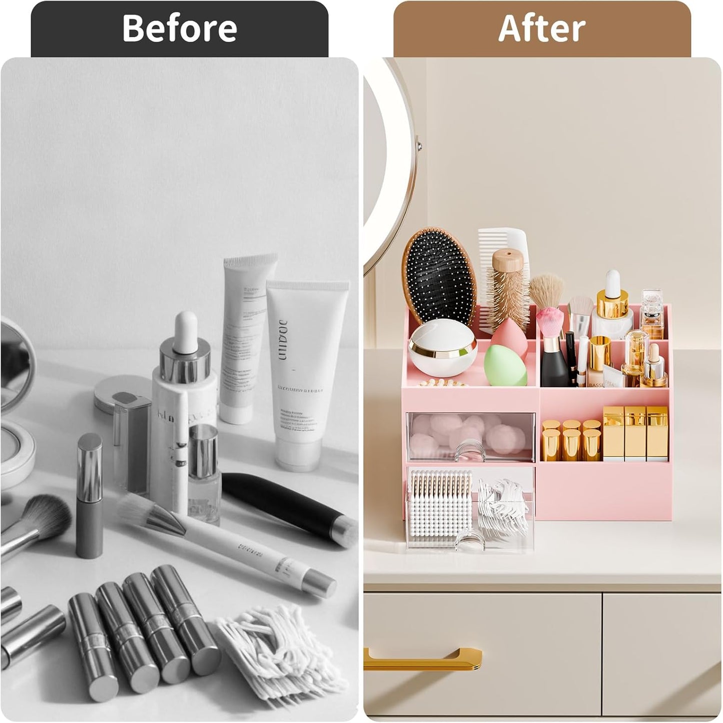 Makeup Organizer with 2 Drawers, Makeup Organizers Countertop for Vanity and Bathroom, Make up organization and Skincare Storage with Brush Holder, for Dresser, Desktop, Cosmetic Display Case (Pink)