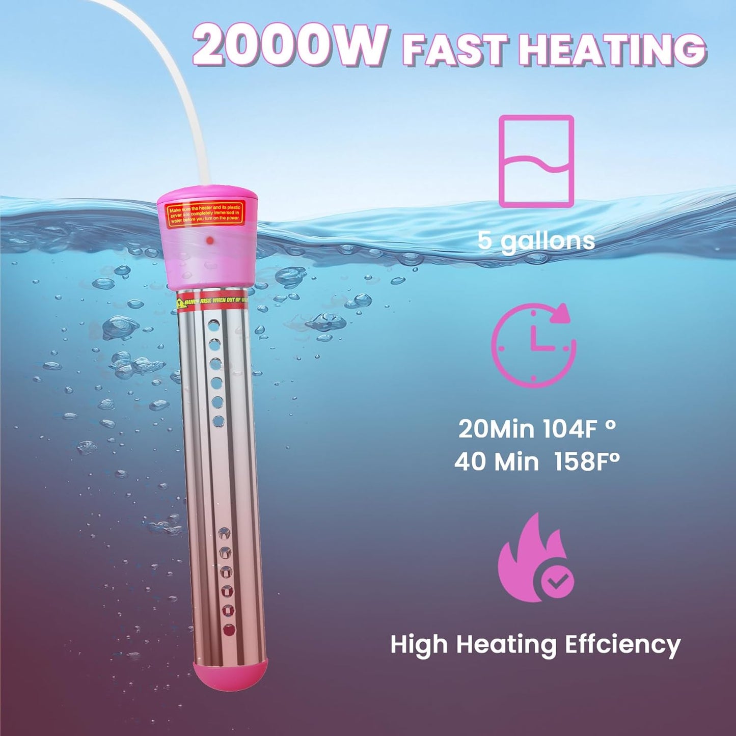 2000W Immersion Water Heater, Portable Electric Bucket Heater with Timing Automatic Power Off Function, LCD Thermometer, UL Certified for Fast Heating in Buckets, Bathtubs, Hot Tubs, Pools, Pet Bath
