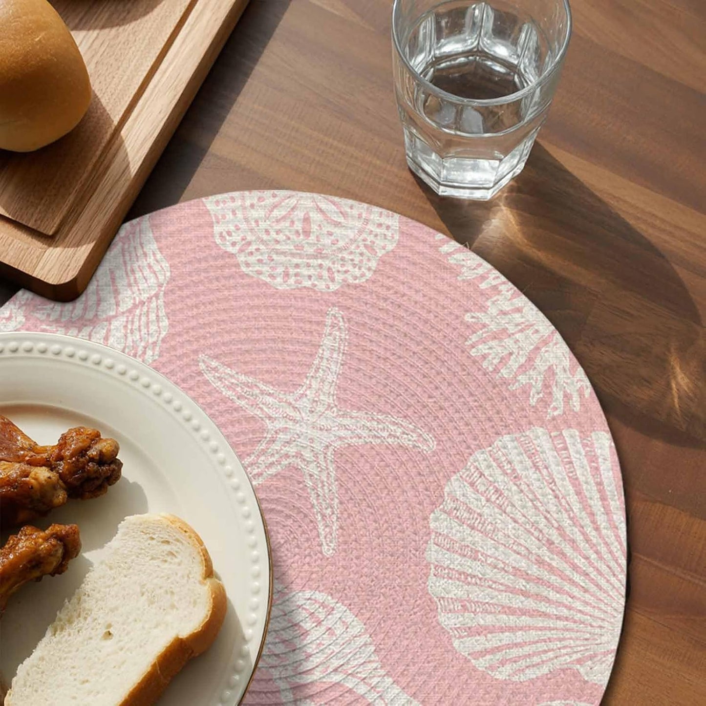 Round Placemats Set of 4 Shell Starfish Place Mats Washable Woven Placemat Peach Pink Coastal Coral Conch Circle Braided Table Mat for Kitchen Dining Table Party Home Decor 15 Inch