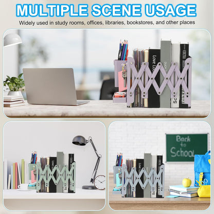 PATIKIL Adjustable Book Ends, 7.5" Tall Heavy Duty Metal Adjustable Bookends Book Holders Organizer with Removable Pen Holder Tray and 3 Hook-up for Heavy Books Desk Office Home, Pink