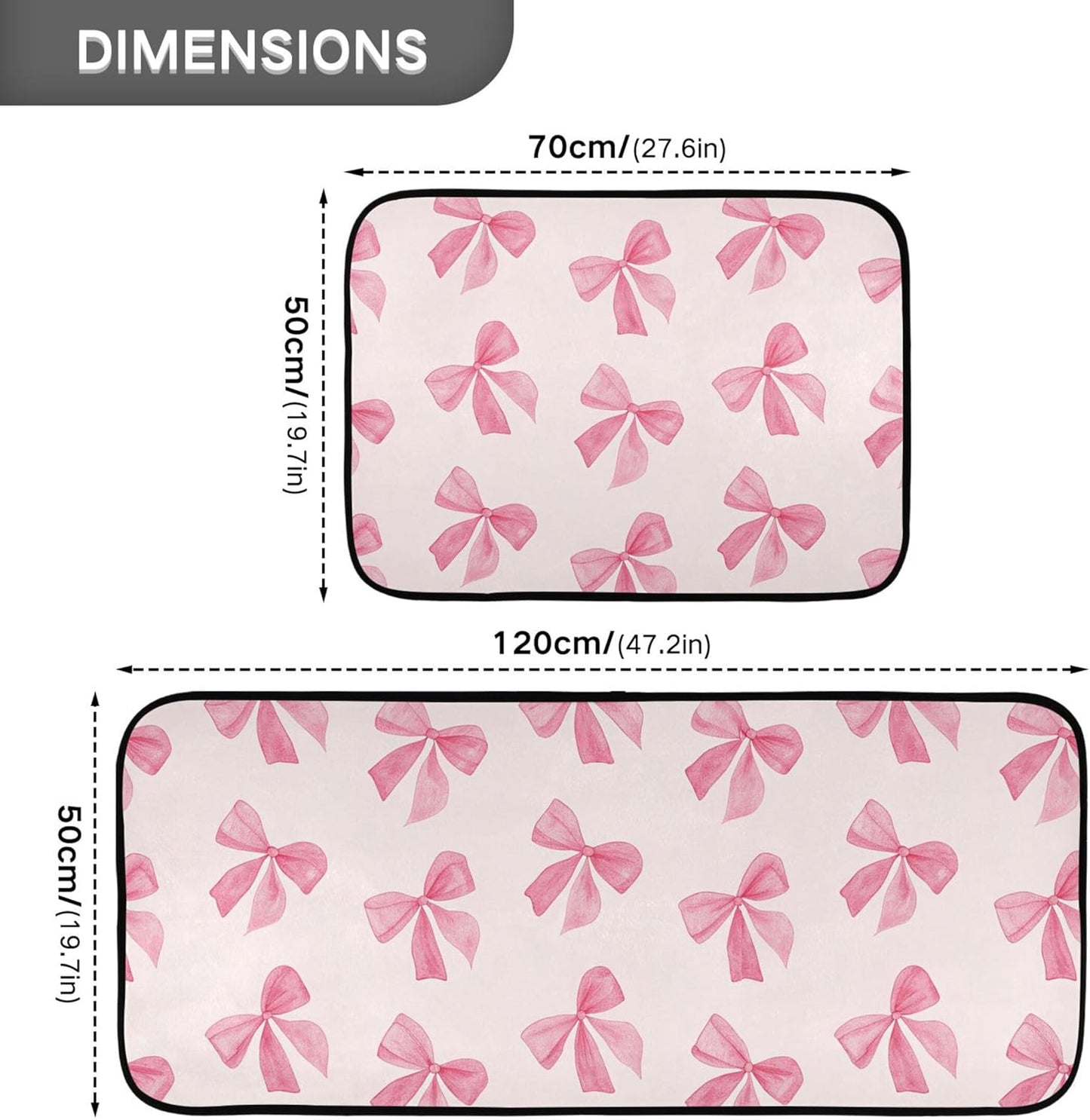 Burbuja Pink Bow Kitchen Rug and Mat Set of 2, Absorbent Washable Non Skid Comfort Standing Floor Mat for Kitchen Bathroom Living Room Sink Laundry