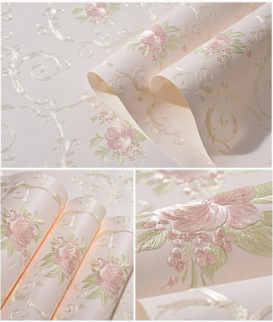 Vintage 3D Floral Peel and Stick Wallpaper, Embossed Flower Damask Wallpaper, Self Adhesive Non-Woven Decorative Wallcoverings for Bedroom Living Room Wall 20.8" x 118"