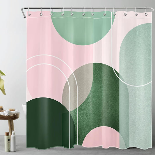 EOBTAIN Mid Century Modern Shower Curtain Pink and Green Boho Abstract Shower Curtain with Hooks Minimalist Geometric Aesthetic Washable Fabric Shower Curtains for Bathroom,72x72 Inch