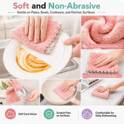 kimteny 12 Pack Dish Cloths for Washing Dishes, Super Absorbent Microfiber Kitchen Dish Rags, Fast Drying Coral Velvet Dish Cloths for Kitchen Counter and Dishes (Pink-Grey)