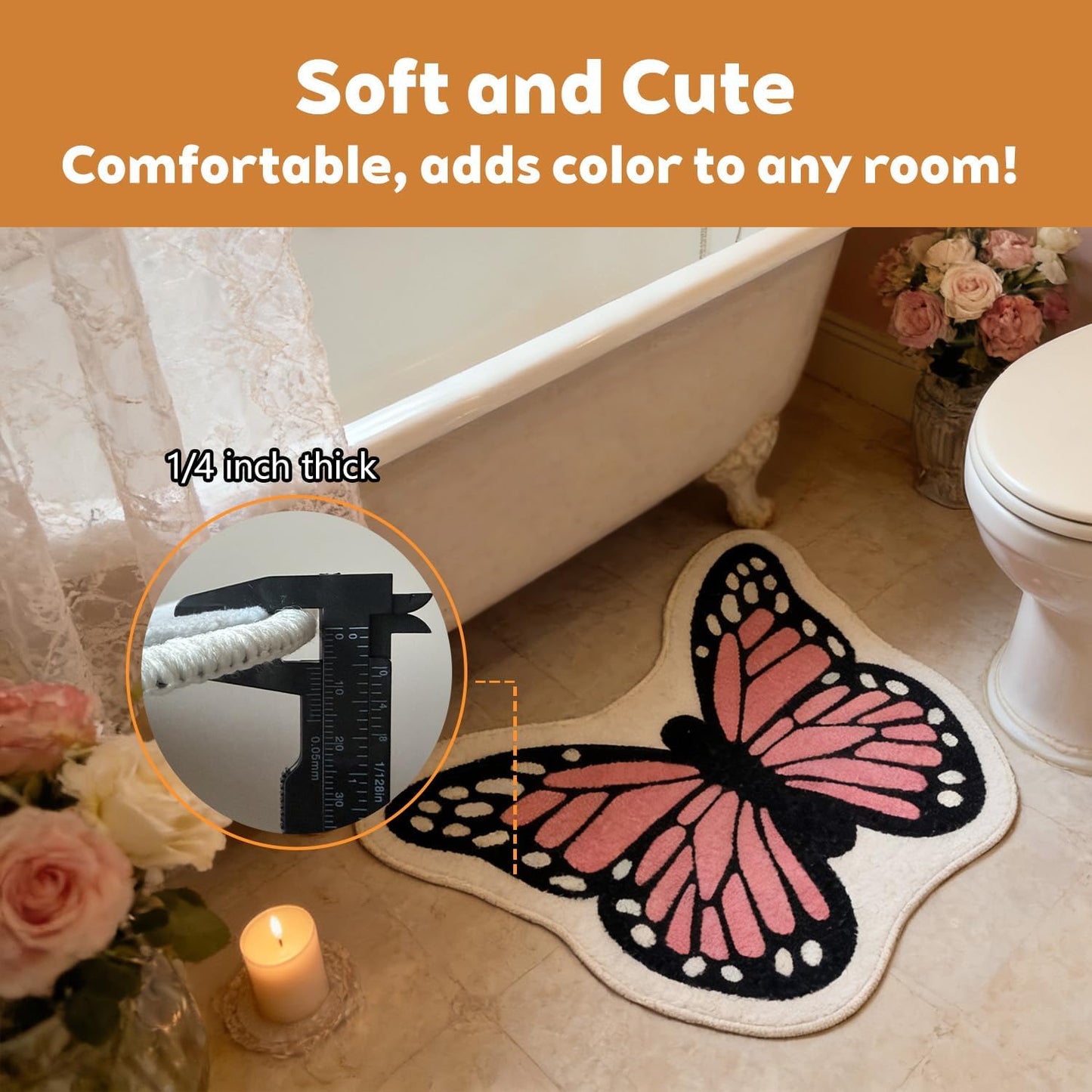 Butterfly Shaped Bath Rug 27" x 23" Non-Slip Cute Thin Fluffy Entrance Door Mat, Small Area Accent Indoor Rug for Bathroom Bedroom Garden House, Absorbent Washable Quick Dry, Pink