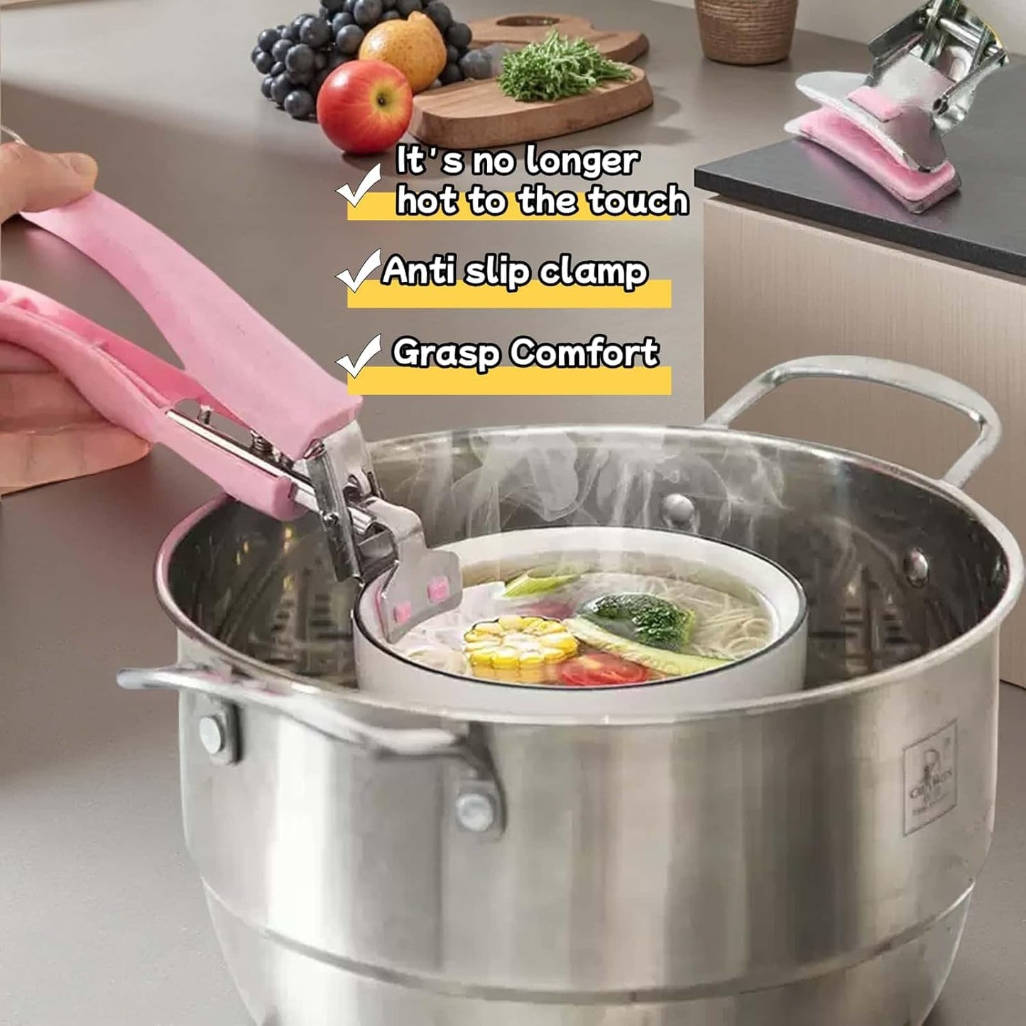 Upgraded Hot Plate Grabber with Silicone Handles Heat-Resistant Silicone Bowl Tongs for Hot Dishes - Non-Slip Stainless Steel Plate Lifter for Microwave/Oven (8-11 Inch, 8LBS) (Pink)