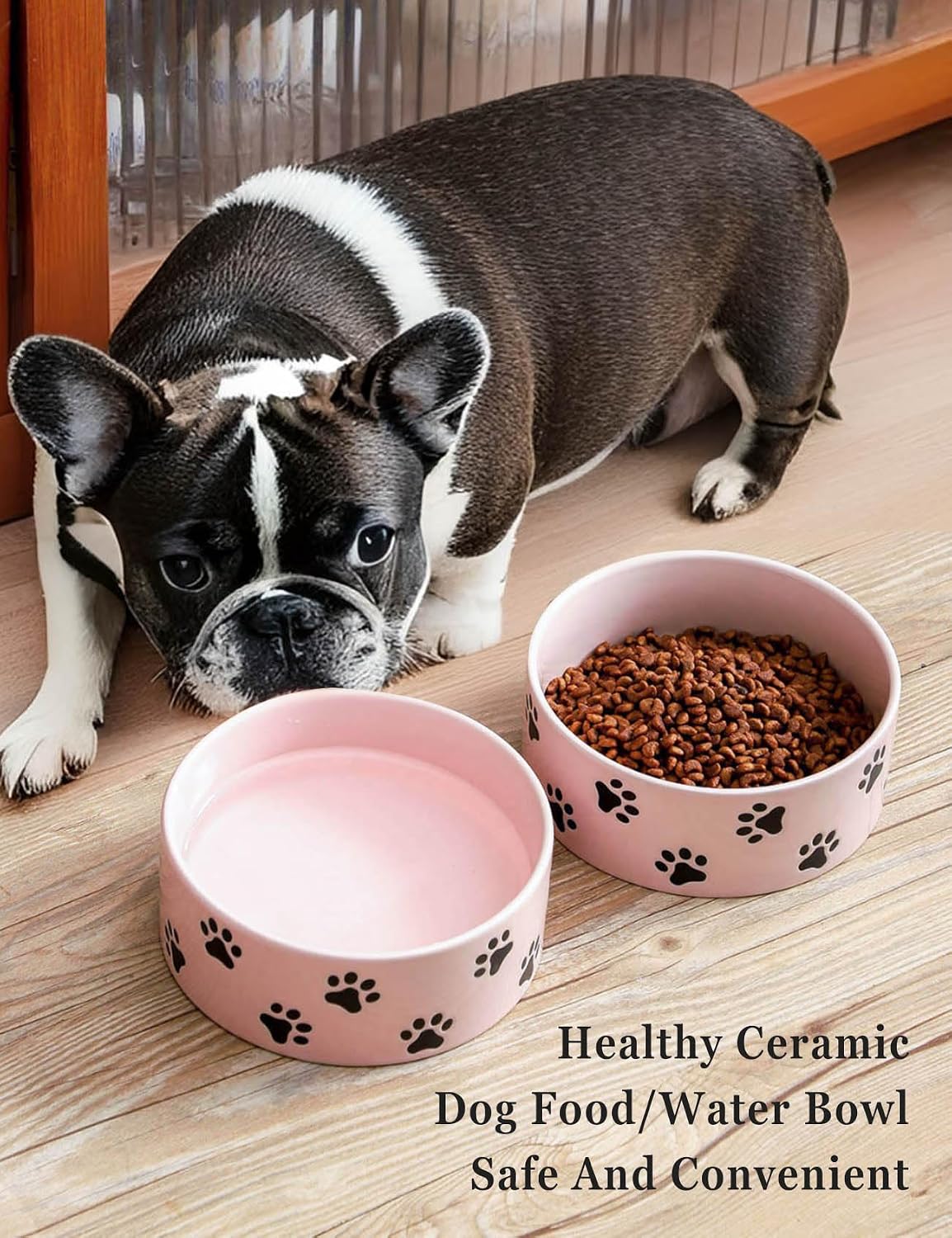 6.5 Inch Pastel Pink Ceramic Dog Bowl with Paw Print Pattern - Porcelain Wide Mouth Dog Food or Water Bowls, Large Feeding Pet Bowls for Indoor Medium Sized Dogs, for Wet or Dry Food