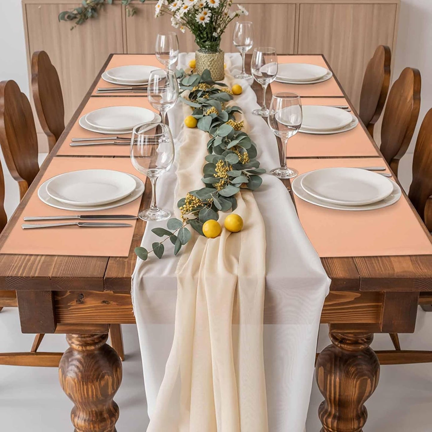 Peach Fuzz Placemats Set of 6 Modern Pure Peach Fuzz Place Mats Indoor Wipeable Table Mats Washable Cloth Dining Table Placemats for Kitchen Holiday Party Home Decor 13x19 Inch