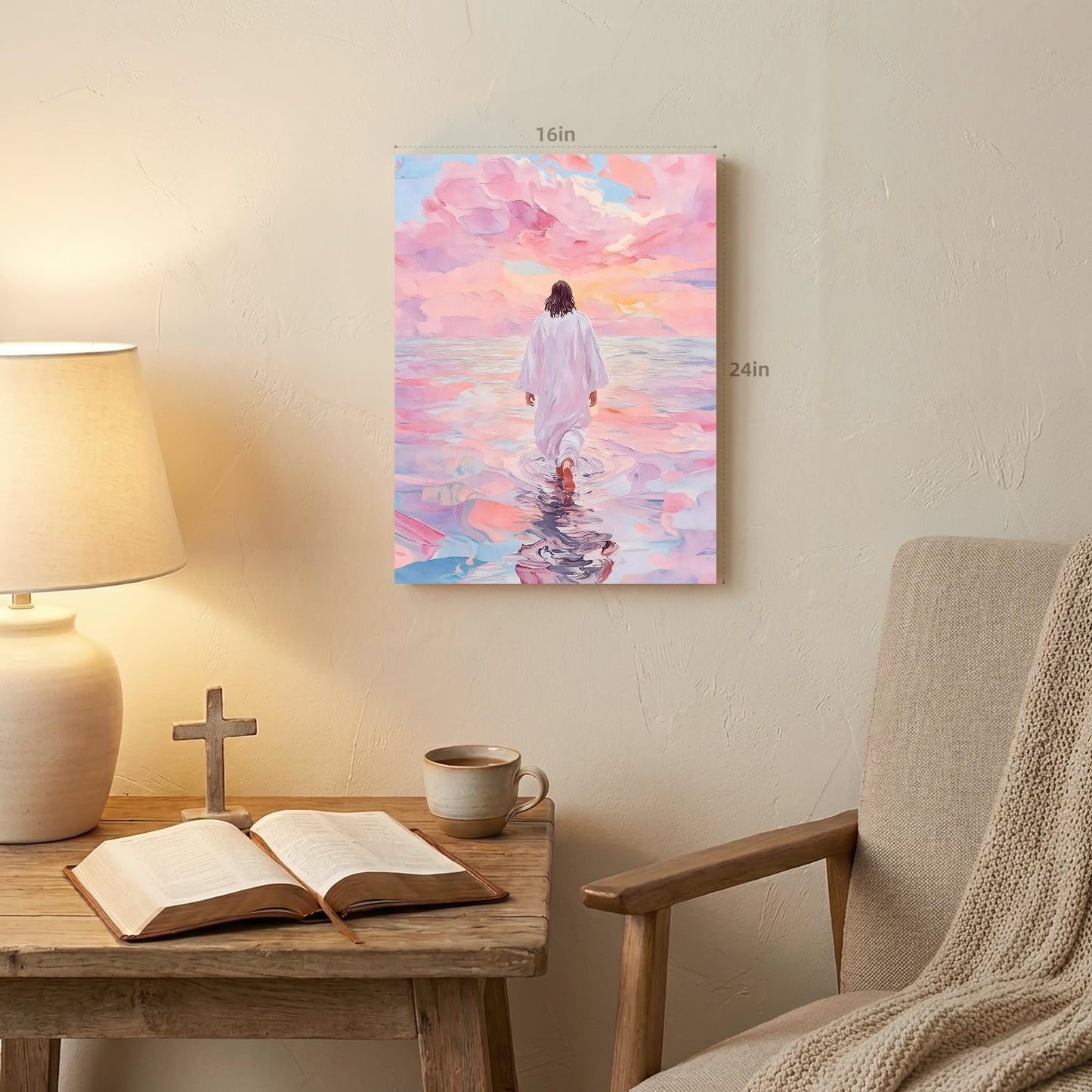 IAFWZX Framed Jesus Wall Art, Pink Jesus Walking on Water Wall Decor, Christian Religious Savior Canvas Painting, Pastel Christian Aesthetic Picture for Church Prayer Room Ready To Hang 12x16 Inch