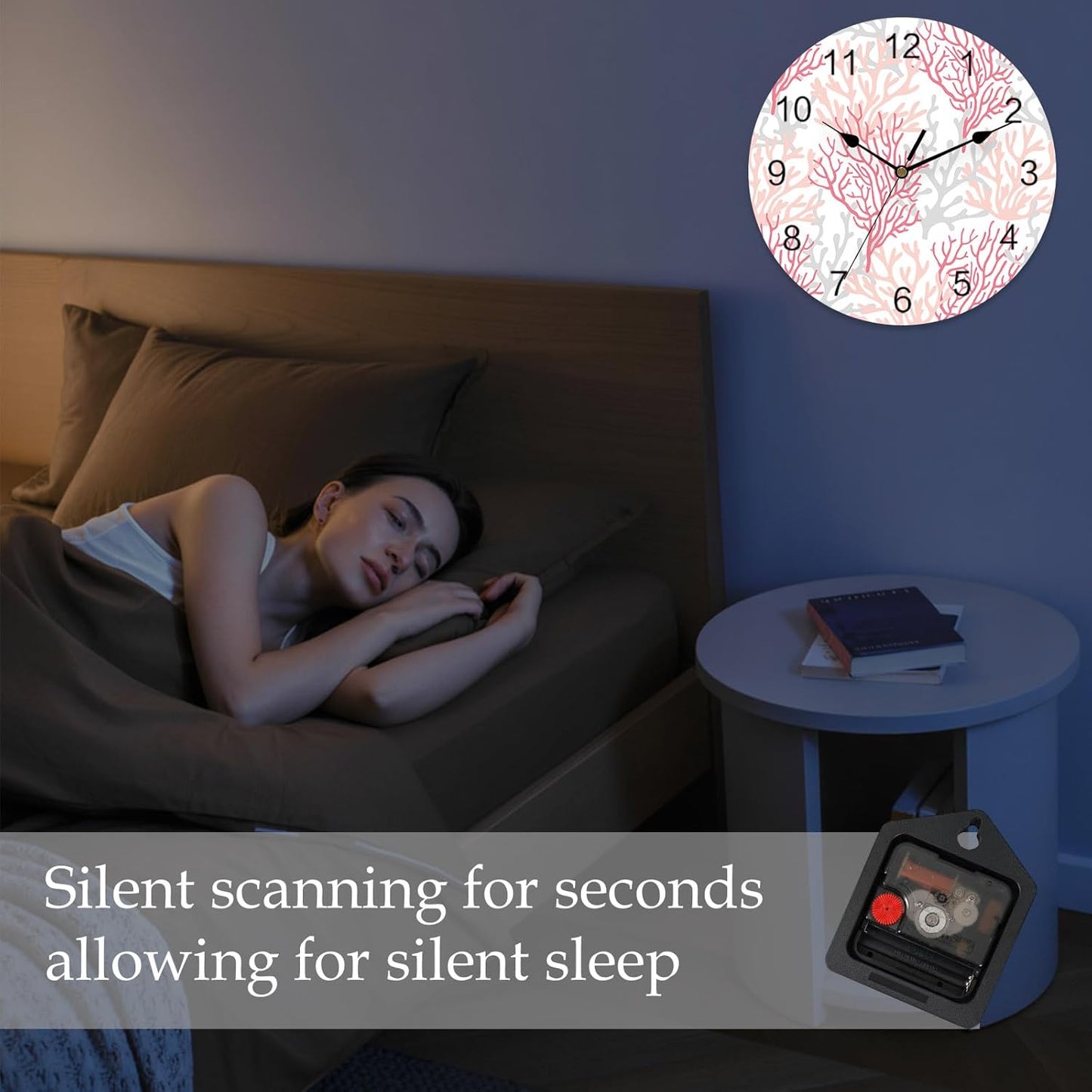 Wall Clock Coral Ocean 12" Round Silent Non-Ticking PVC Clocks Red Pink Grey Battery Operated Round Clock for Living Room Bedroom Office Kitchen Wall Decor
