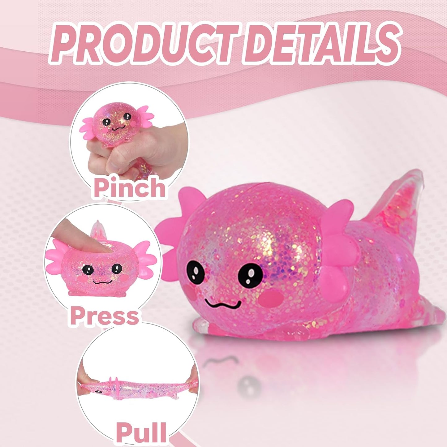 Lying Axolotl Squishy Toy - 1 Pcs Glitter Slow Rising Squeeze Toy, Maltose Filled TPR Stress Relief Fidget Toy, Cute Transparent Handheld Desk Pet Sensory Toy, Age 3+ (Pink)