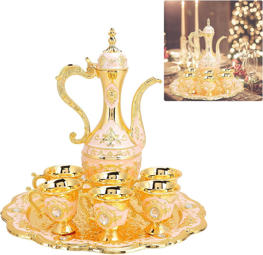 Vintage Turkish Coffee Pot Set Model,8.46x5.11in Tea Flask Medium Tea Sets for Women With Teapot Tray and 6 Cups Craft Decorations Flagon Set Turkish Cup Set Turkish Teapot,Small