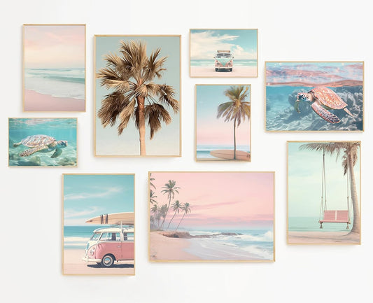 FYSUIMU 9Pcs Coastal Wall Art Prints Fresh Pink Tropical Summer Ocean Art Poster California Beachy Seascape Wall Decor for Gallery Living Room Bedroom (Unframed)