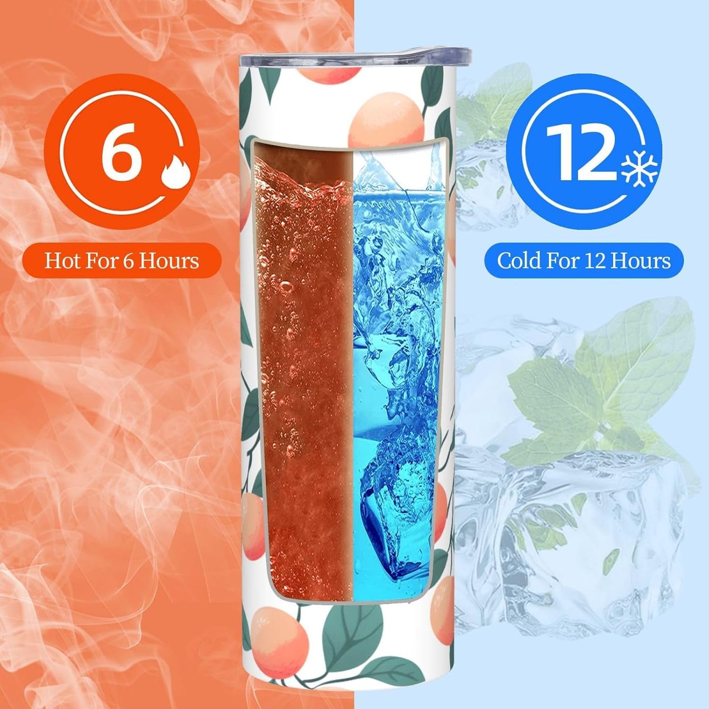 20oz Stainless Steel Tumbler with Lid & Straw, Peach Pattern Leaves Insulated Coffee Travel Mug for Men Women, Straight Tumbler Cup for Hot & Cold, Reusable Tumbler for Home Office Car