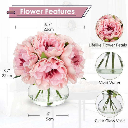 Hollyone Light Pink Peonies Artificial Flowers with Vase Faux Flowers Peony Fake Flowers Silk Flower Arrangements in Glass Vase with Faux Water for Bathroom Table Centerpiece Shelf Home Decor